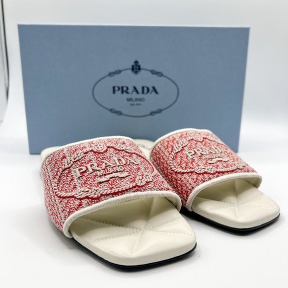 Prada Shoes - PRADA Logo Jacquard Slide Sandal White and Red Store Display Shoe